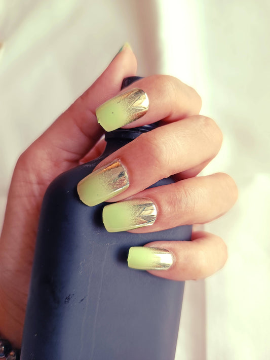 Acrylic/ Press-on Designer Nails with Glue Tabs  | Artificial Nails Under 100  - Box Shaped Pista Green-Gold Ombre Chromatic
