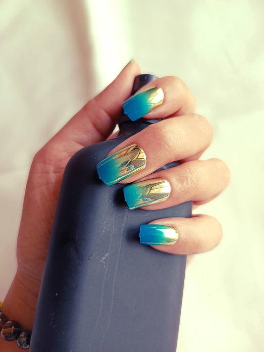 Acrylic/ Press-on Designer Nails with Glue Tabs  | Artificial Nails Under 100  - Box Shaped Teal-Gold Ombre Chromatic