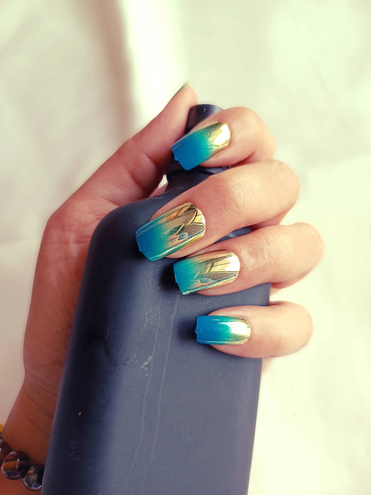 Acrylic/ Press-on Designer Nails with Glue Tabs | Artificial Nails Under 100 - Box Shaped Teal-Gold Ombre Chromatic