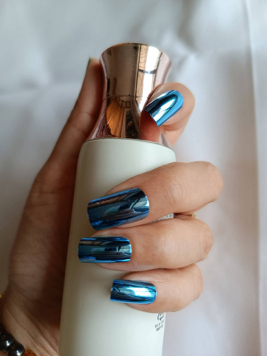 Acrylic/ Press-on Designer Nails with Glue Tabs  | Artificial Nails Under 100  - Box Shaped Teal Chromatic