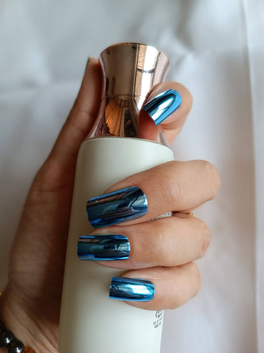 Acrylic/ Press-on Designer Nails with Glue Tabs | Artificial Nails Under 100 - Box Shaped Teal Chromatic