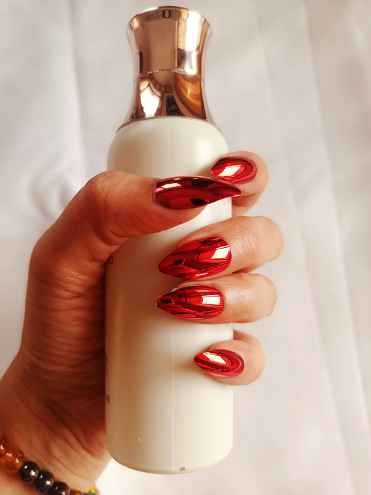 Acrylic/ Press-on Designer Nails with Glue Tabs  | Artificial Nails Under 100  - Almond shaped Red Chromatic