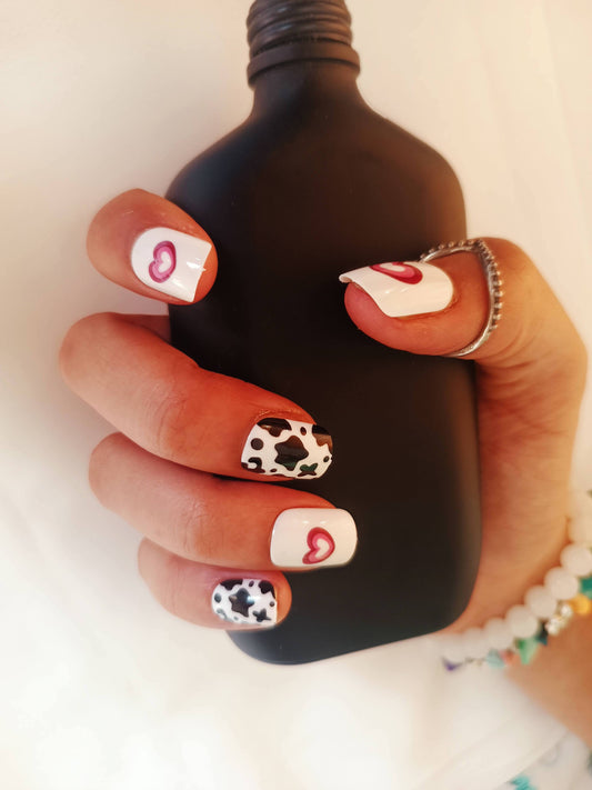 Acrylic/ Press-on Designer Nails with Glue Tabs  | Artificial Nails Under 100  - Box shaped White-Black Heart Star