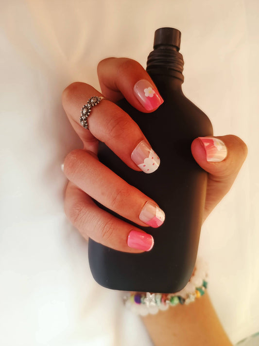 Acrylic/ Press-on Designer Nails with Glue Tabs | Artificial Nails Under 100 - Box shaped Nudes Pink-White Dots Flowers