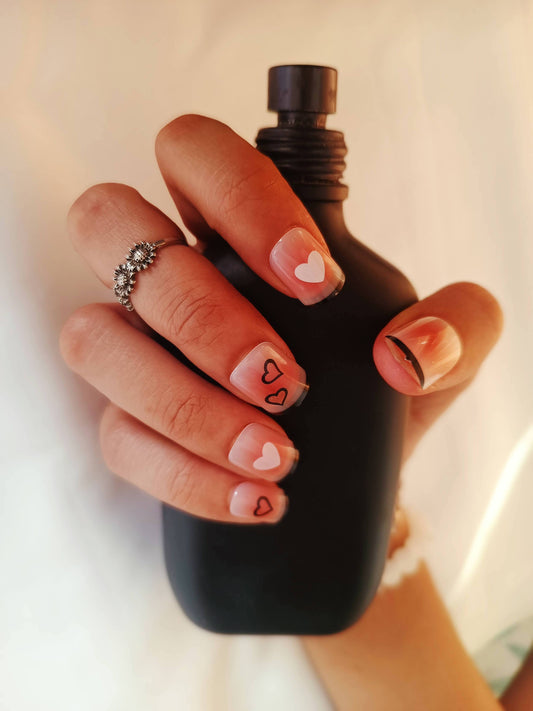Acrylic/ Press-on Designer Nails with Glue Tabs | Artificial Nails Under 100 - Box shaped Nudes White-Pink-Black Heart