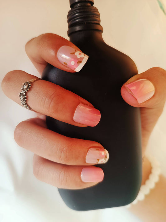 Acrylic/ Press-on Designer Nails with Glue Tabs | Artificial Nails Under 100 - Box shaped Nudes French Tips-Flowers