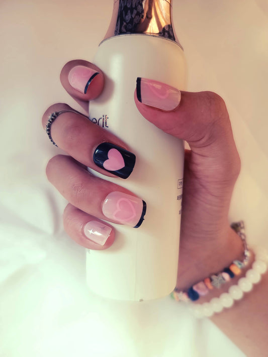 Acrylic/ Press-on Designer Nails with Glue Tabs | Artificial Nails Under 100 - Box shaped Nudes Black-Pink Heart