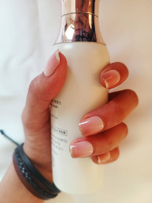 Acrylic/ Press-on Designer Nails with Glue Tabs | Artificial Nails Under 100 - Box shaped Nudes Shimmer French Tips