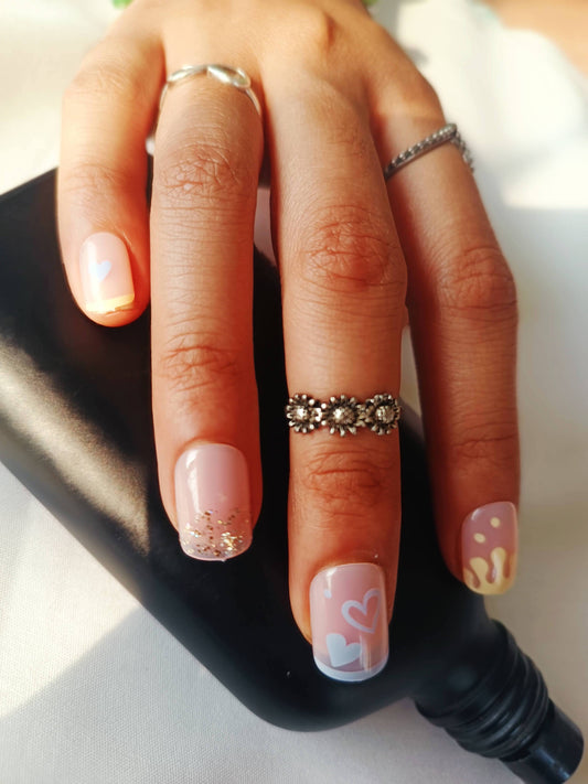 Acrylic/ Press-on Designer Nails with Glue Tabs | Artificial Nails Under 100 - Box shaped Nudes Shimmer-Heart