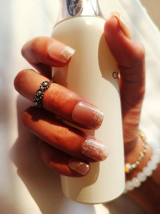 Acrylic/ Press-on Designer Nails with Glue Tabs | Artificial Nails Under 100 - Box shaped Nudes French Shimmer