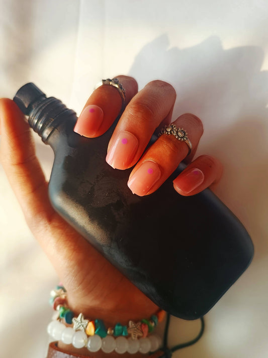 Acrylic/ Press-on Designer Nails with Glue Tabs | Artificial Nails Under 100 - Box shaped Nudes Pink Dot