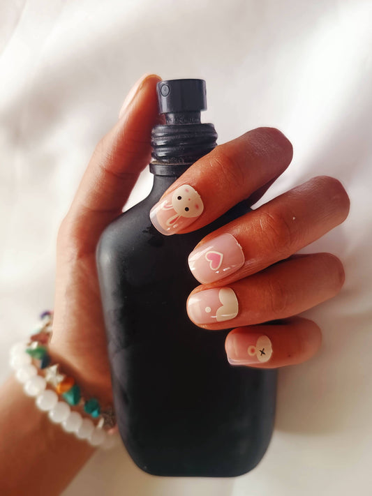 Acrylic/ Press-on Designer Nails with Glue Tabs | Artificial Nails Under 100 - Box shaped Nudes Bunny-Heart