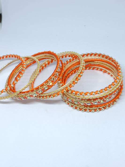 Set of 14 Silk Thread, Stone & Kundan Studded Chuda Bangles | Ethnic Collection | Gift for Women - Orange