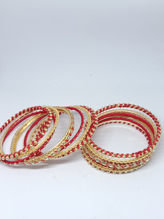 Set of 14 Silk Thread, Stone & Kundan Studded Chuda Bangles | Ethnic Collection | Gift for Women - Red