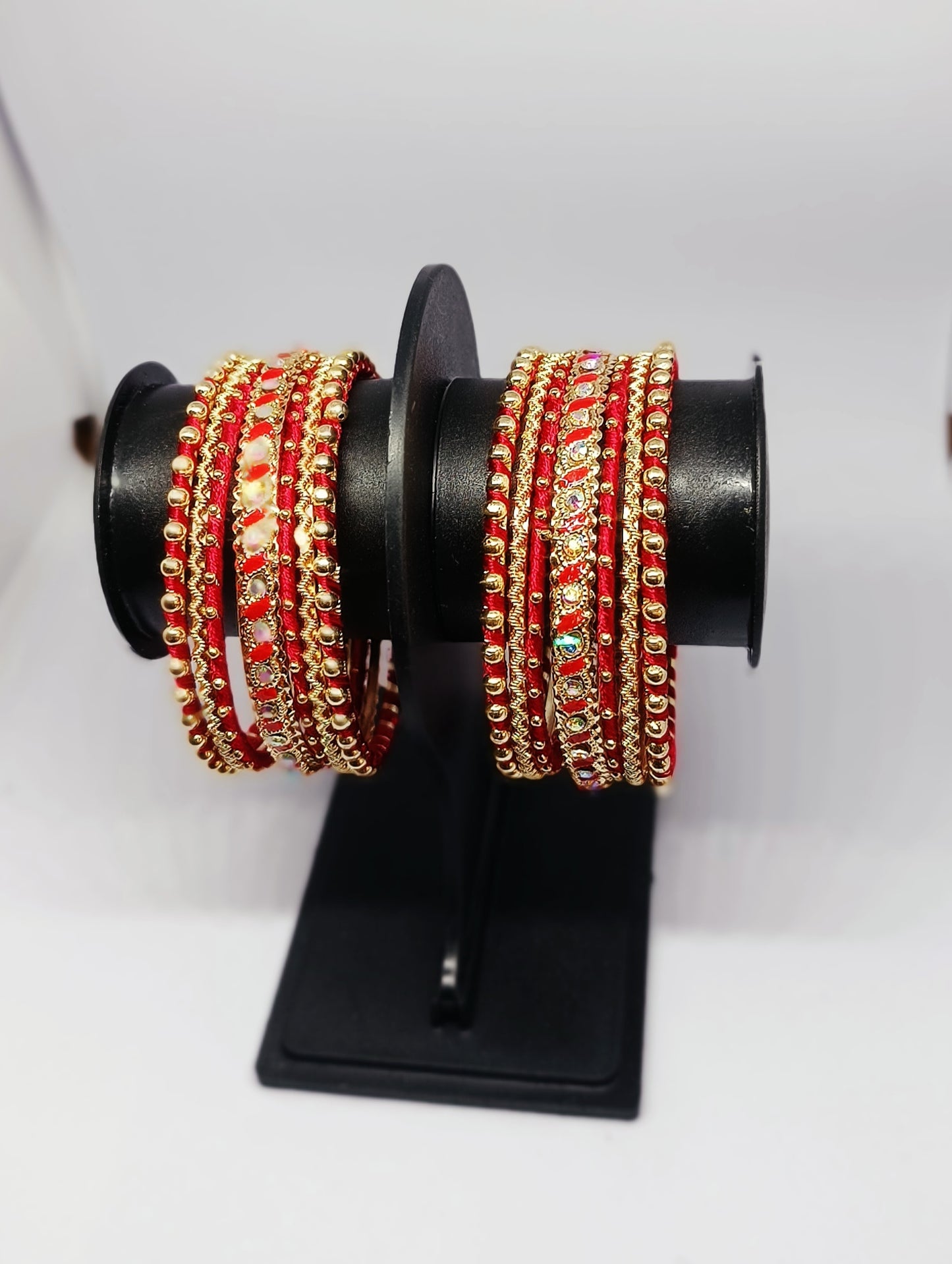 Set of 14 Silk Thread, Stone & Kundan Studded Chuda Bangles | Ethnic Collection | Gift for Women  - Red
