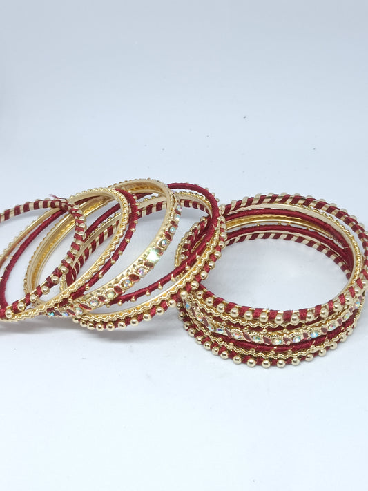 Set of 14 Silk Thread, Stone & Kundan Studded Chuda Bangles | Ethnic Collection | Gift for Women  - Maroon