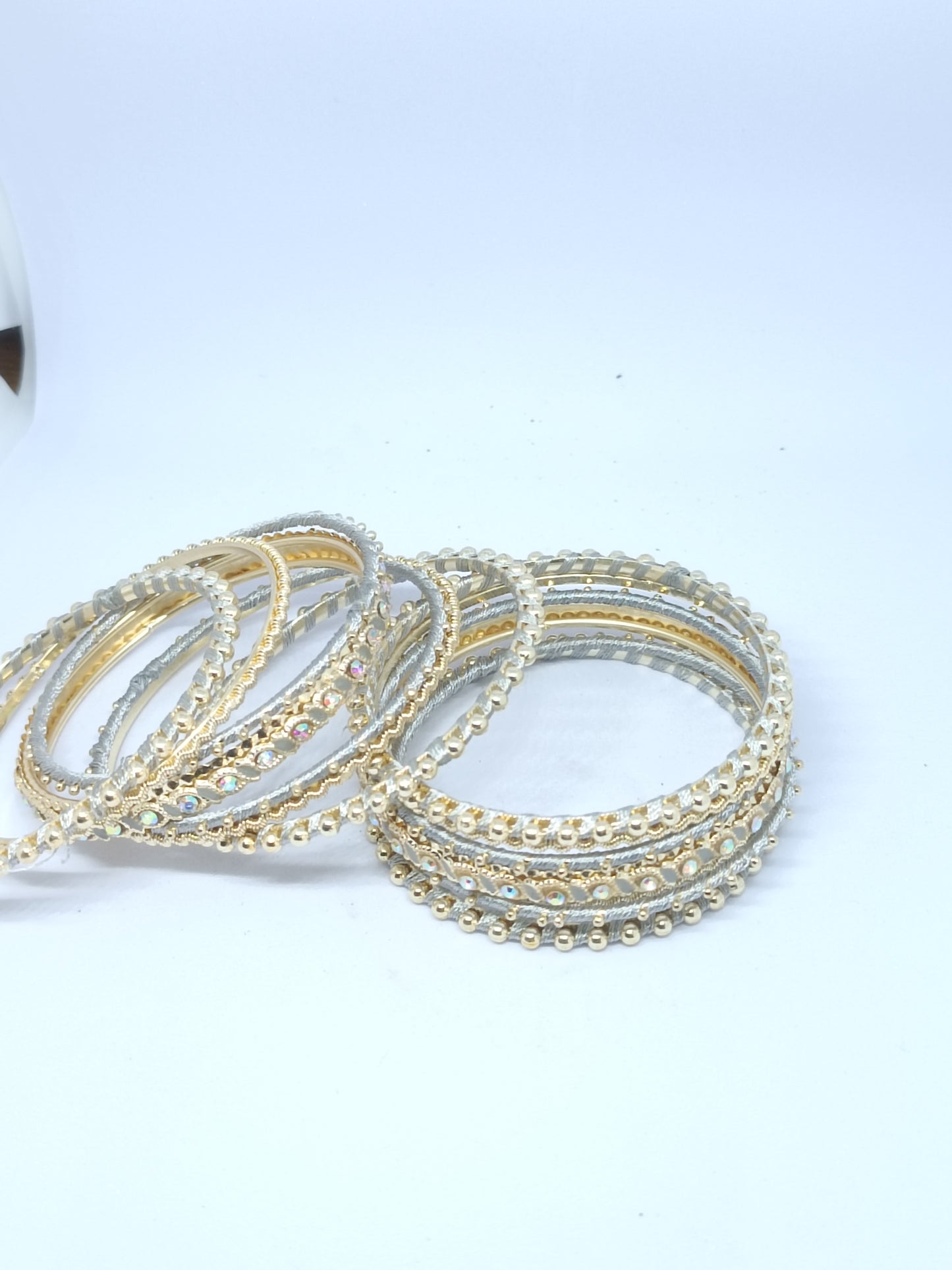 Set of 14 Silk Thread, Stone & Kundan Studded Chuda Bangles | Ethnic Collection | Gift for Women  - Grey
