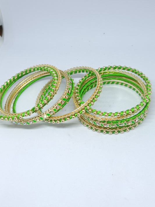 Set of 14 Silk Thread, Stone & Kundan Studded Chuda Bangles | Ethnic Collection | Gift for Women - Light Green
