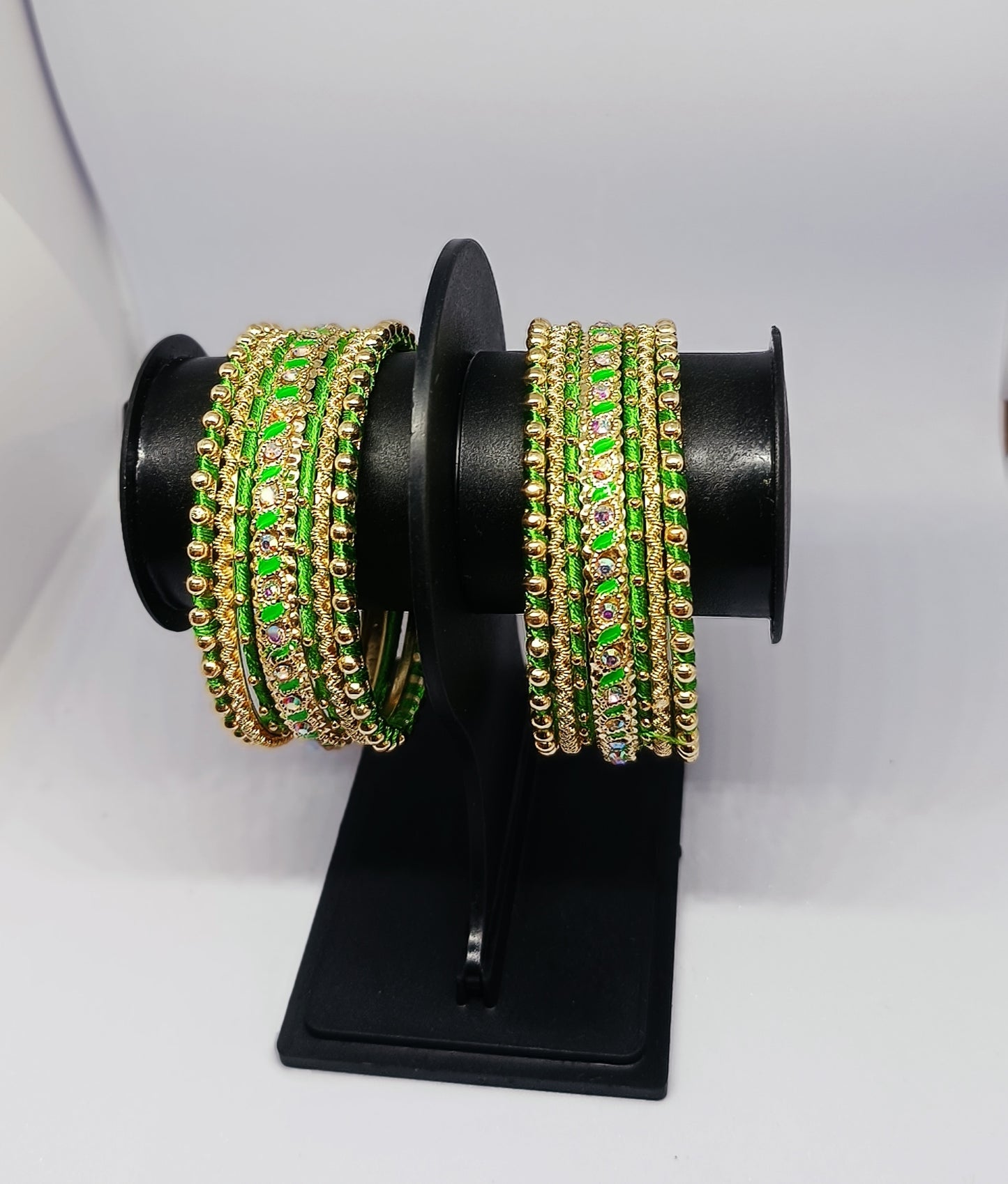 Set of 14 Silk Thread, Stone & Kundan Studded Chuda Bangles | Ethnic Collection | Gift for Women  - Light Green