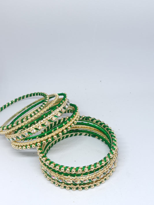 Set of 14 Silk Thread, Stone & Kundan Studded Chuda Bangles | Ethnic Collection | Gift for Women - Dark Green