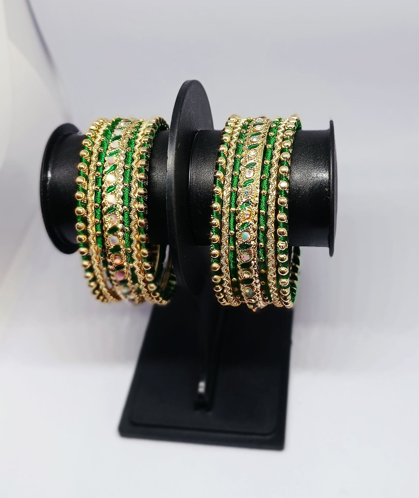 Set of 14 Silk Thread, Stone & Kundan Studded Chuda Bangles | Ethnic Collection | Gift for Women  - Dark Green