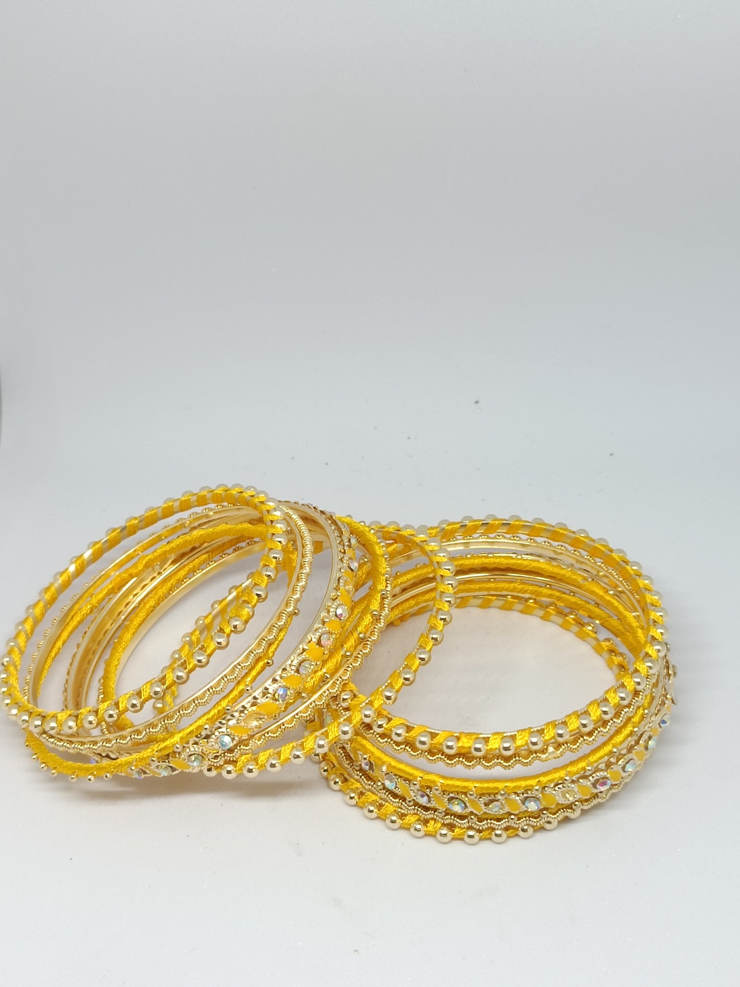 Set of 14 Silk Thread, Stone & Kundan Studded Chuda Bangles | Ethnic Collection | Gift for Women  - Yellow