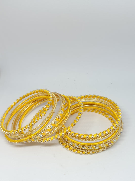 Set of 14 Silk Thread, Stone & Kundan Studded Chuda Bangles | Ethnic Collection | Gift for Women  - Yellow