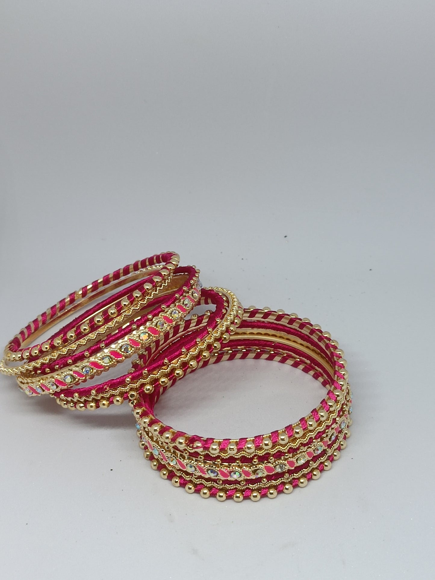 Set of 14 Silk Thread, Stone & Kundan Studded Chuda Bangles | Ethnic Collection | Gift for Women  - Rani Pink