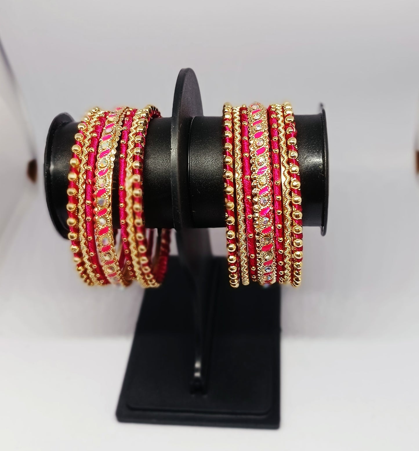Set of 14 Silk Thread, Stone & Kundan Studded Chuda Bangles | Ethnic Collection | Gift for Women  - Rani Pink