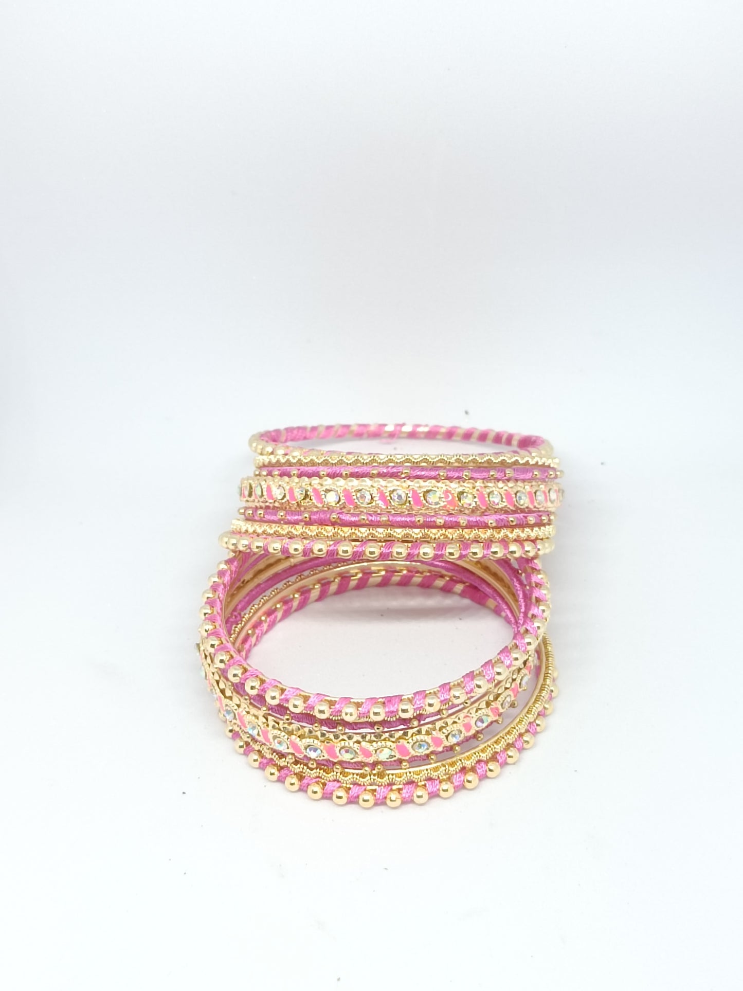 Set of 14 Silk Thread, Stone & Kundan Studded Chuda Bangles | Ethnic Collection | Gift for Women  - Baby Pink