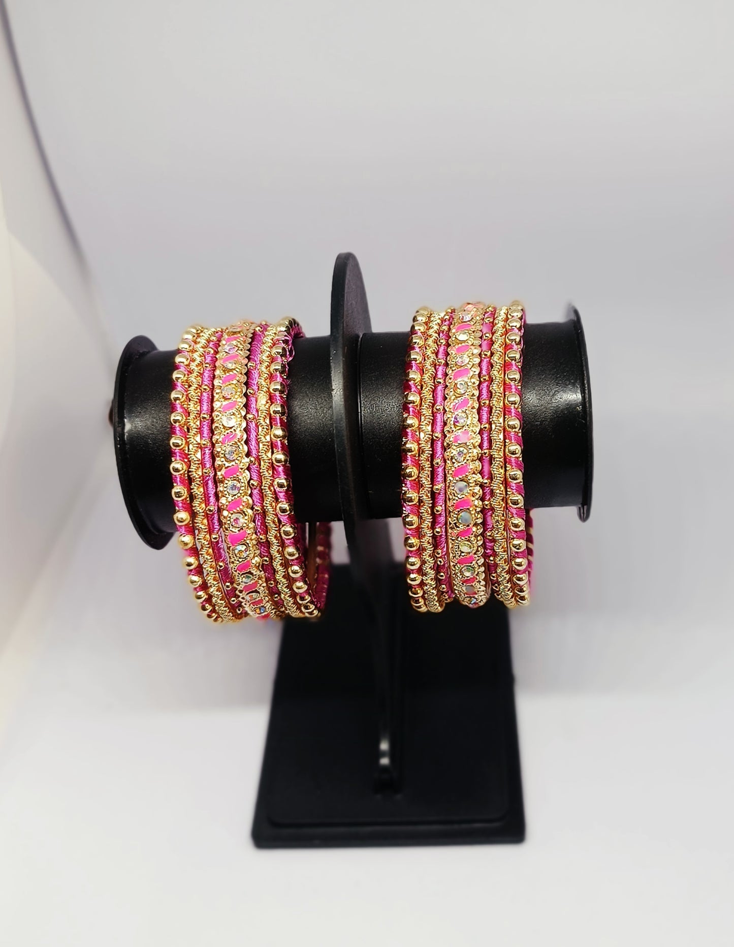 Set of 14 Silk Thread, Stone & Kundan Studded Chuda Bangles | Ethnic Collection | Gift for Women  - Baby Pink