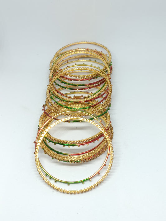 Set of 22 Festive Designer Bangles with Beaded Detailing | Ethnic Collection | Gift for Women - Green & Red