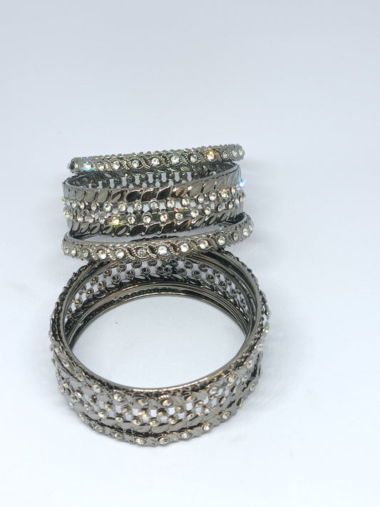 Set of 6 Elegant Oxidised-Finish Designer Bangles Set with Crystal Stone Detailing | Ethnic Collection | Gift for Women