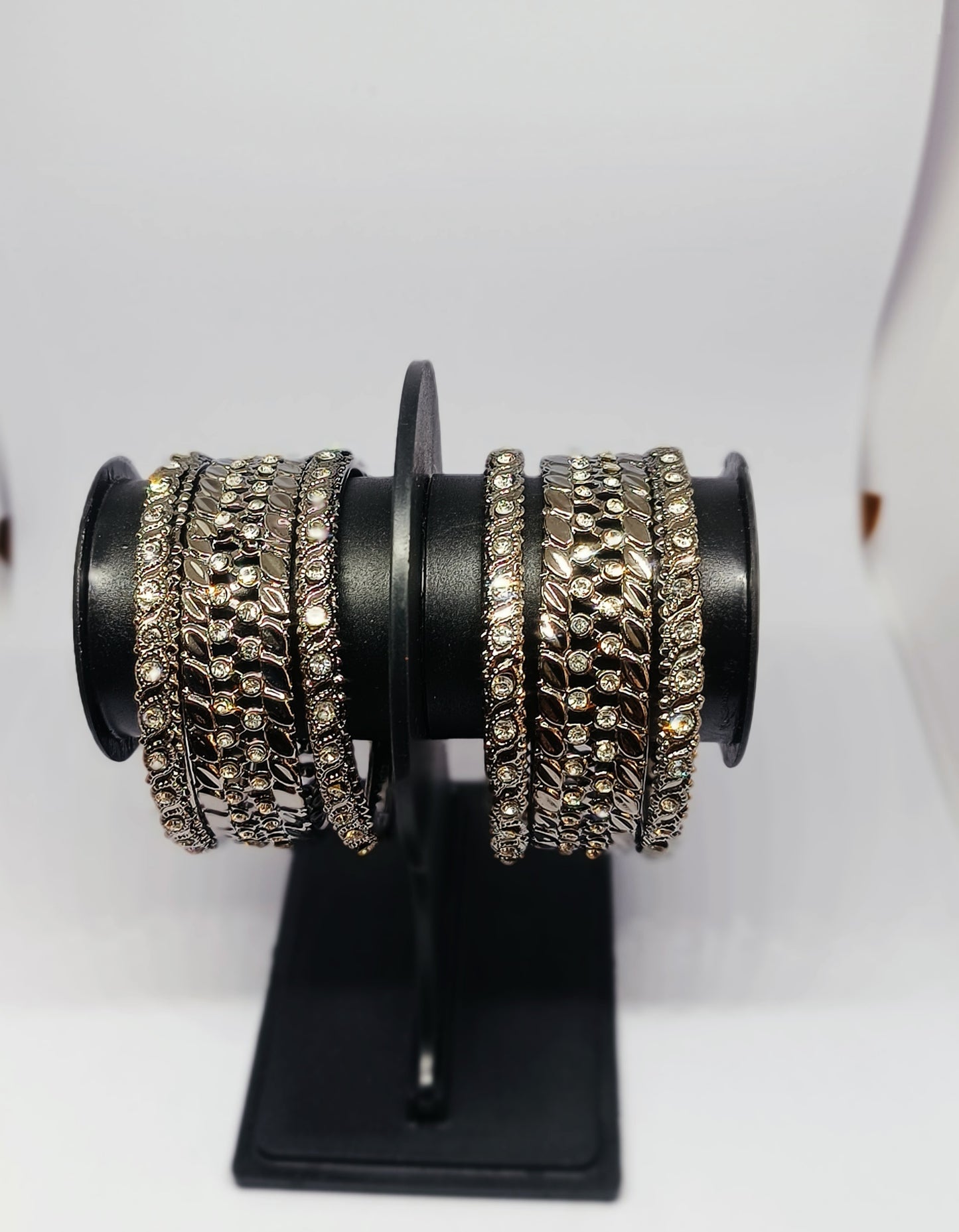 Set of 6 Elegant Oxidised-Finish Designer Bangles Set with Crystal Stone Detailing | Ethnic Collection | Gift for Women