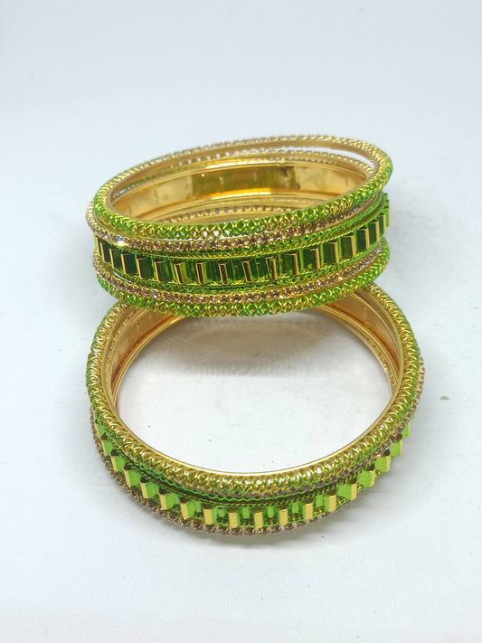 Set of 6 Parrot Green & Gold Designer Stone Bangles Set for Women | Festive & Wedding Wear Bangles