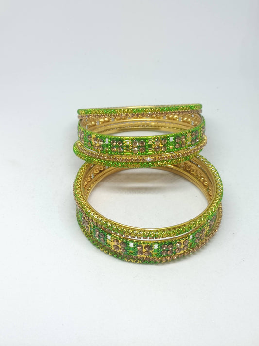 Set of 6 Parrot Green & Gold Designer Stone Bangles Set for Women | Festive, Wedding & Party Wear Bangles