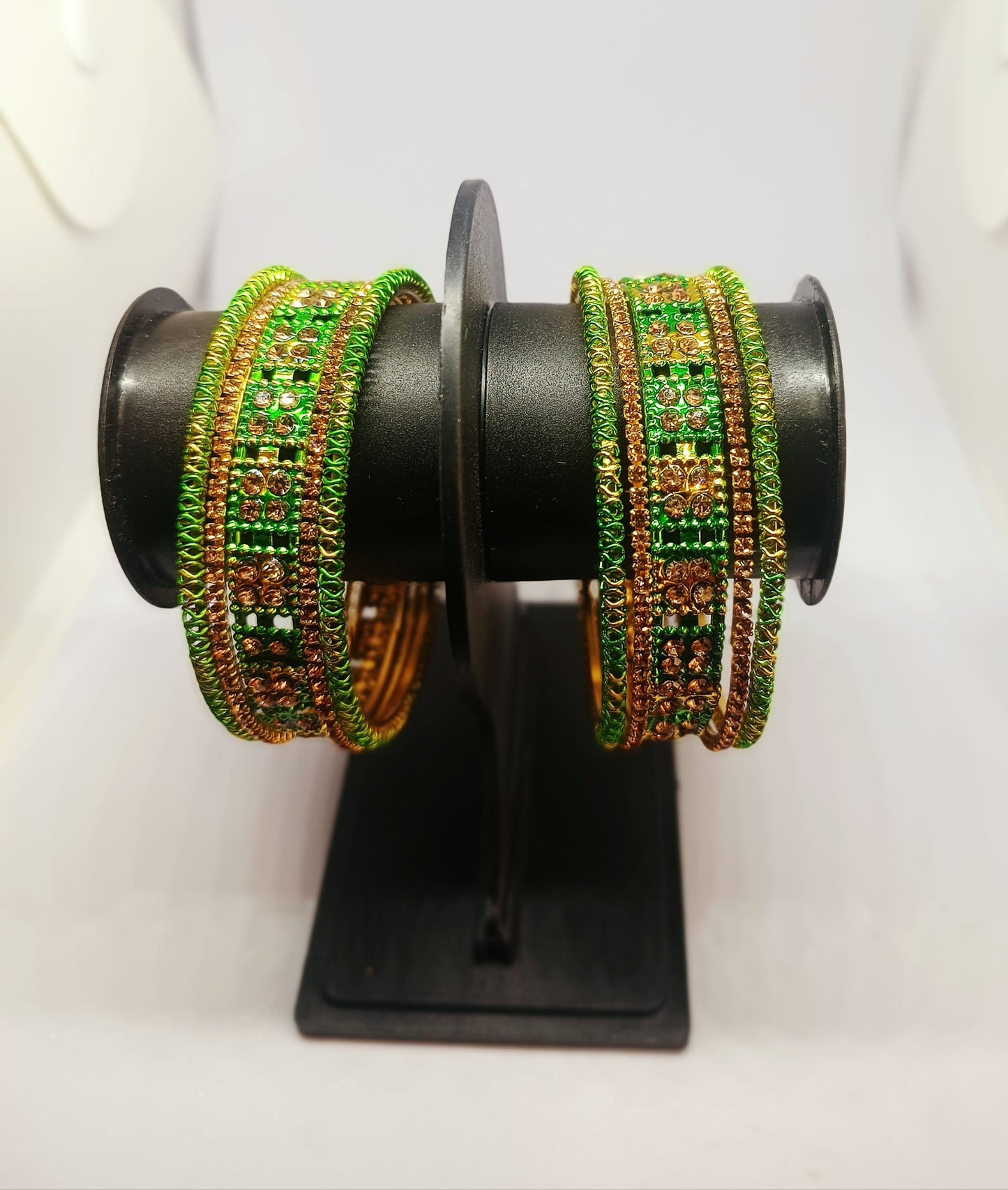 Set of 6  Parrot Green & Gold Designer Stone Bangles Set for Women | Festive, Wedding & Party Wear Bangles
