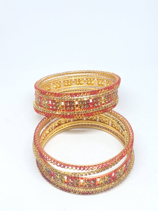 Set of 6 Red & Gold Designer Stone Bangles Set for Women | Festive, Wedding & Party Wear Bangles