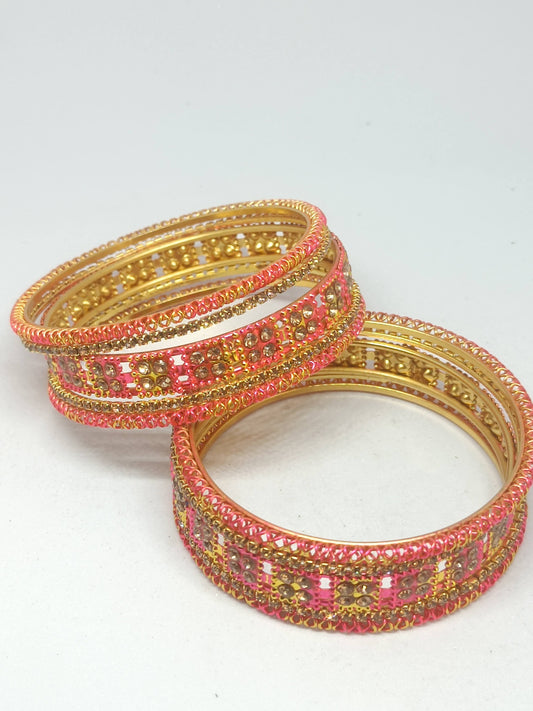 Set of 6 Hot Raspberry & Gold Designer Stone Bangles Set for Women | Festive, Wedding & Party Wear Bangles