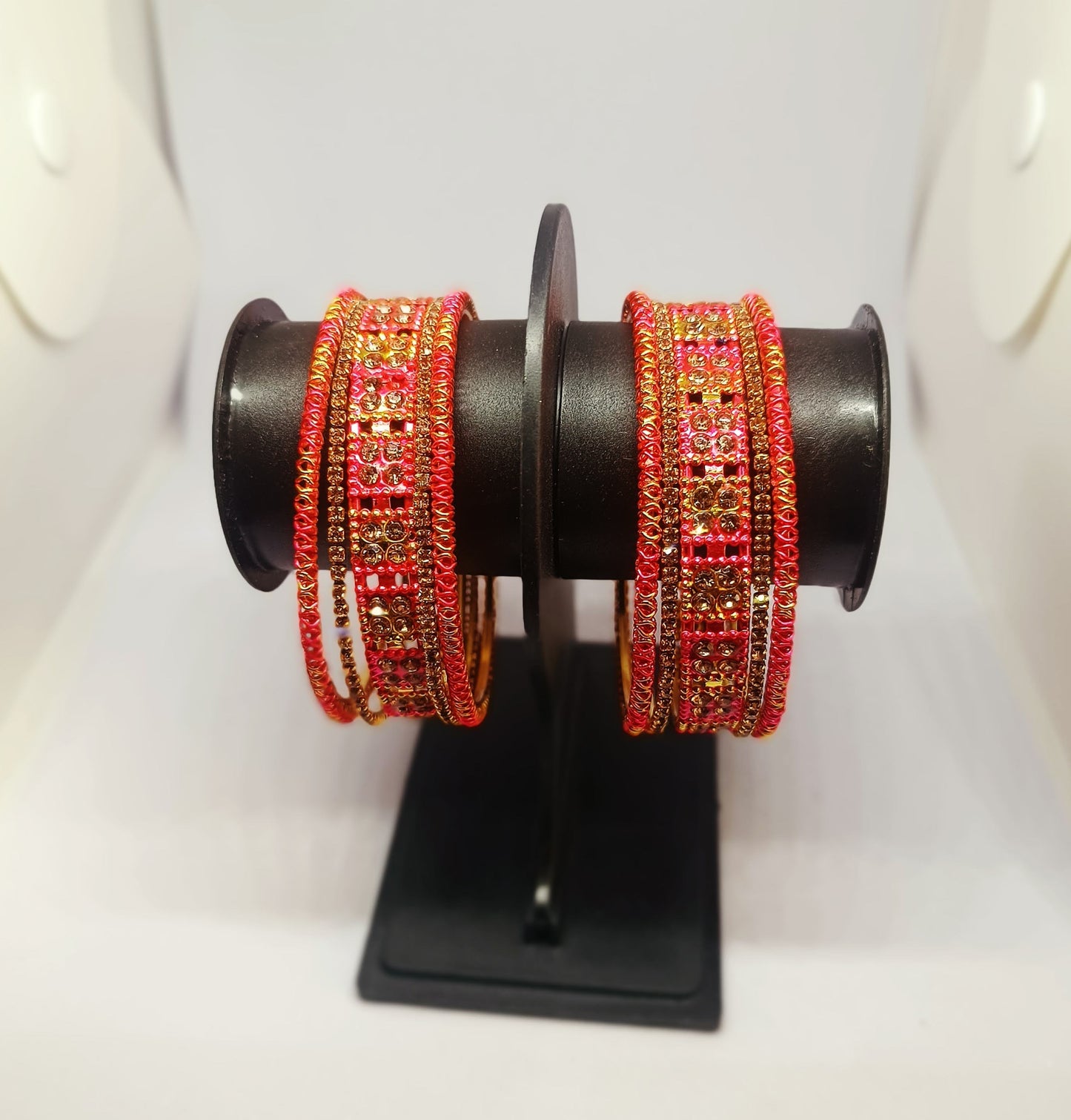 Set of 6  Hot Raspberry & Gold Designer Stone Bangles Set for Women | Festive, Wedding & Party Wear Bangles