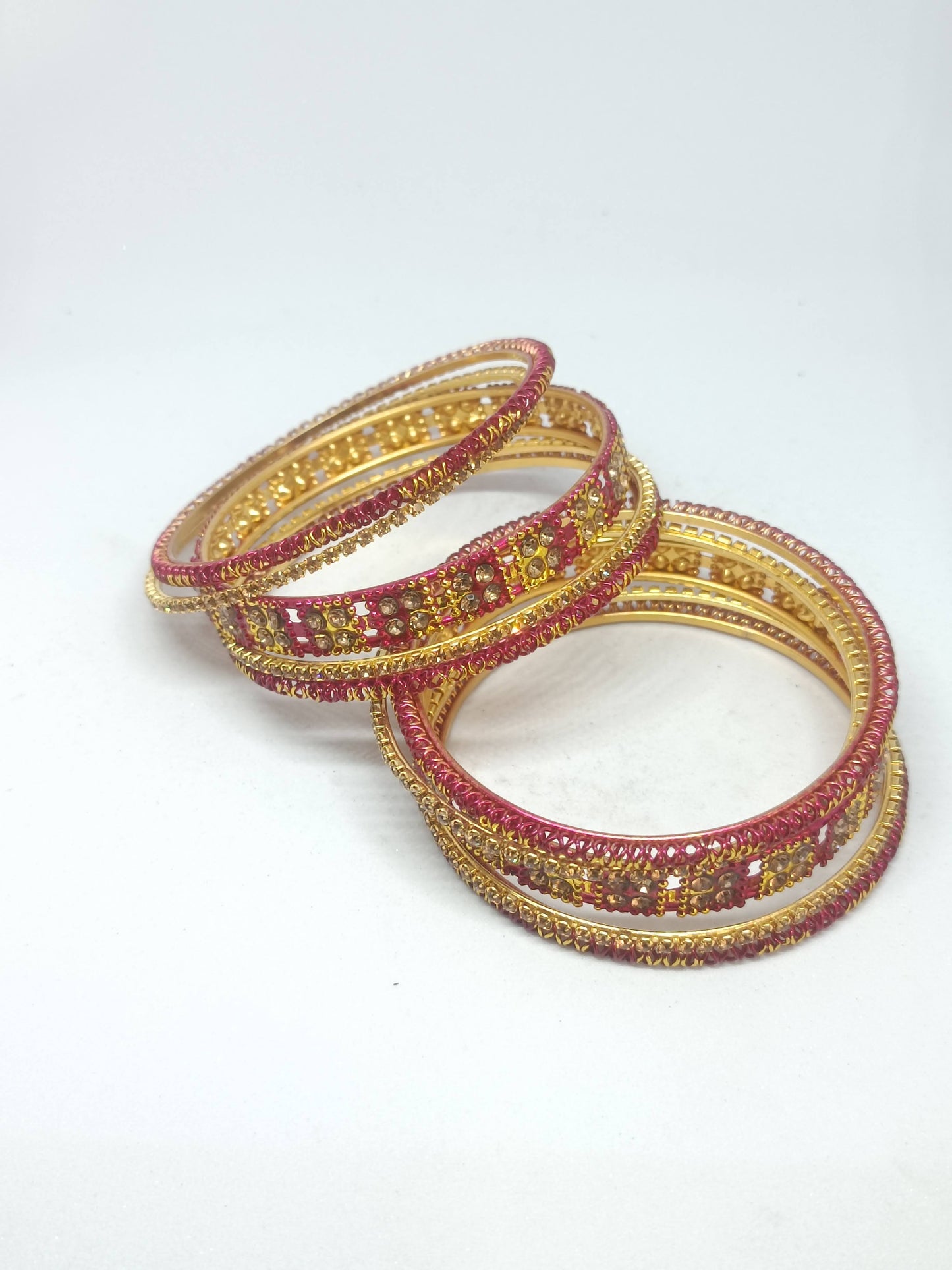 Set of 6  Garnet Pink & Gold Designer Stone Bangles Set for Women | Festive, Wedding & Party Wear Bangles