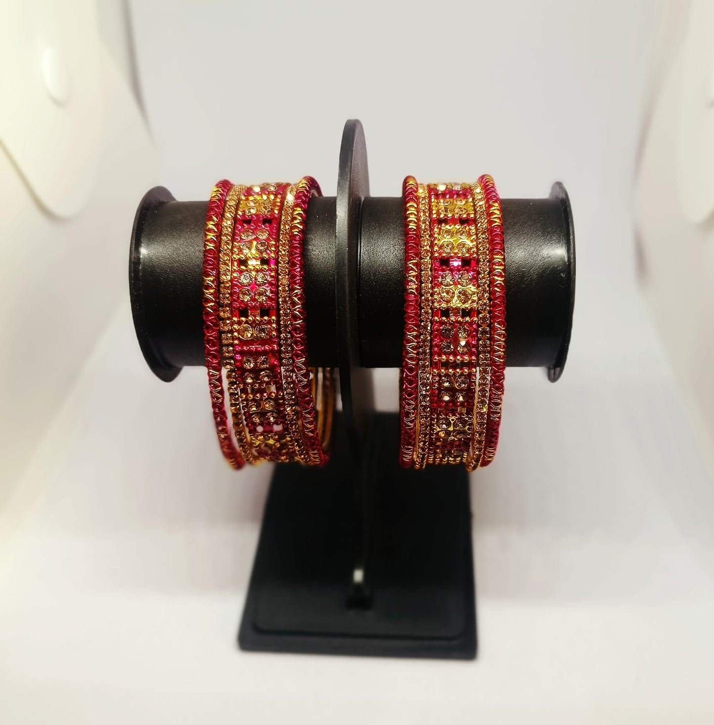 Set of 6  Garnet Pink & Gold Designer Stone Bangles Set for Women | Festive, Wedding & Party Wear Bangles