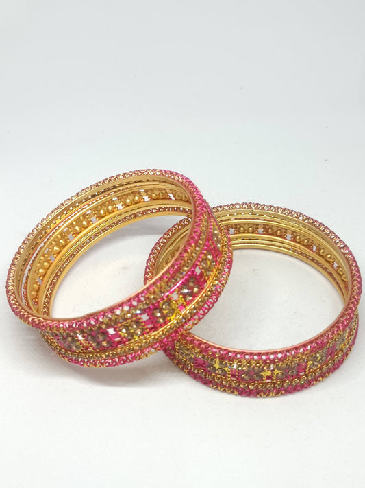 Set of 6 Dark Pink & Gold Designer Stone Bangles Set for Women | Festive, Wedding & Party Wear Bangles