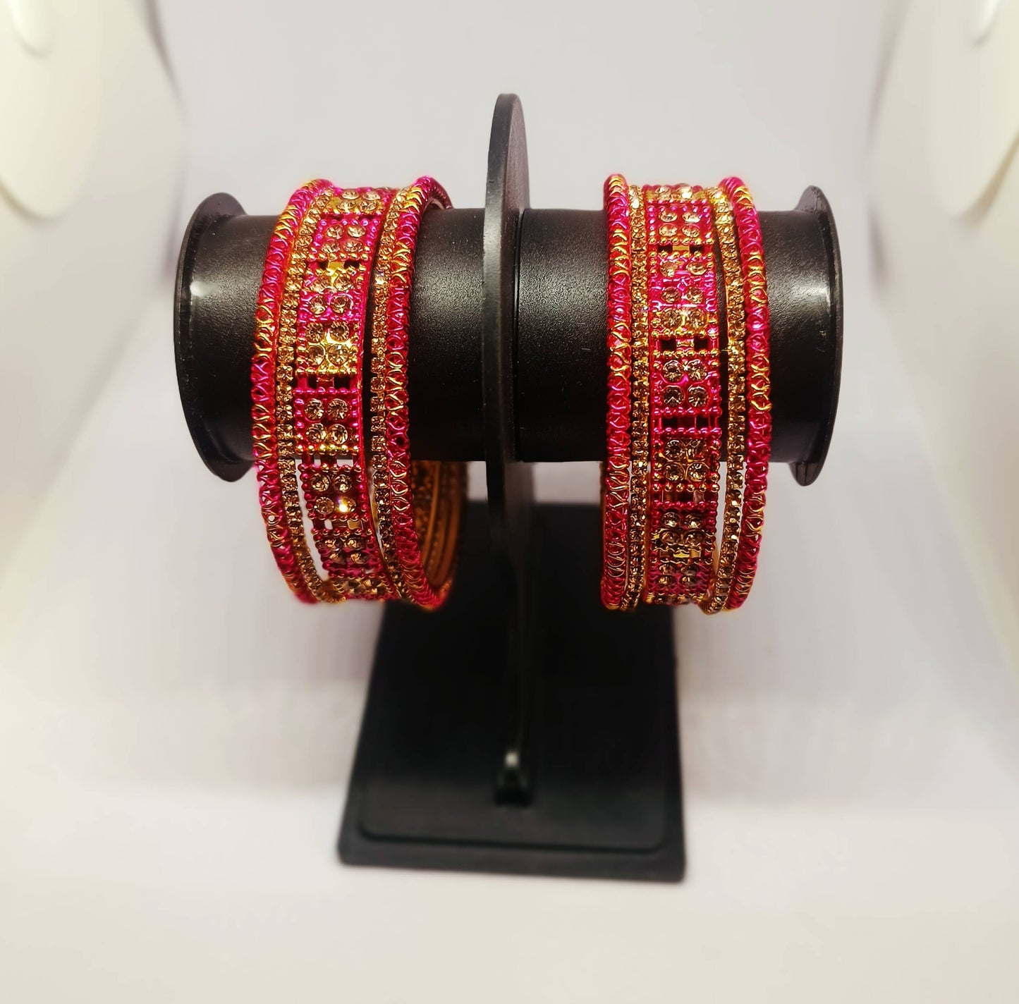 Set of 6  Dark Pink & Gold Designer Stone Bangles Set for Women | Festive, Wedding & Party Wear Bangles