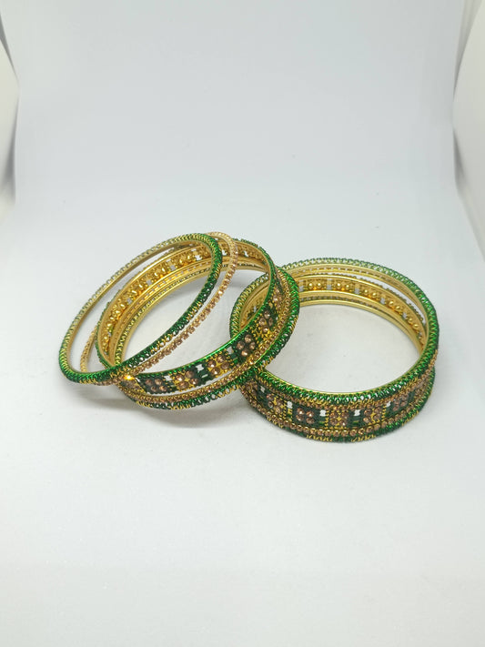 Set of 6 Emrald Green & Gold Designer Stone Bangles Set for Women | Festive, Wedding & Party Wear Bangles