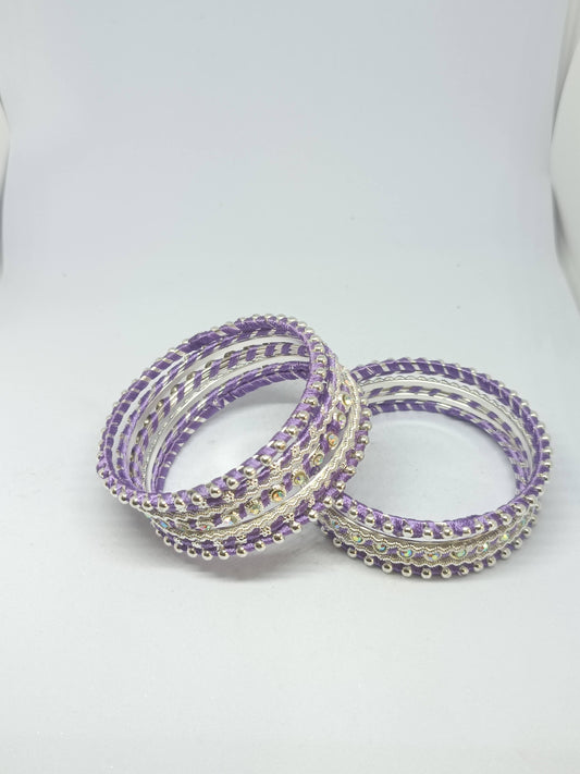 Set of 14 Silk Thread, Stone & Kundan Studded Chuda Bangles | Ethnic Collection | Gift for Women  - Lilac with Silver