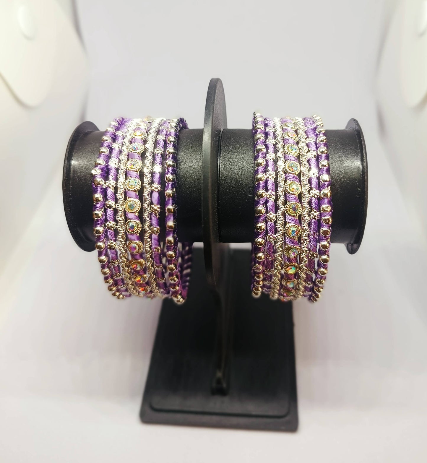 Set of 14 Silk Thread, Stone & Kundan Studded Chuda Bangles | Ethnic Collection | Gift for Women  - Lilac with Silver
