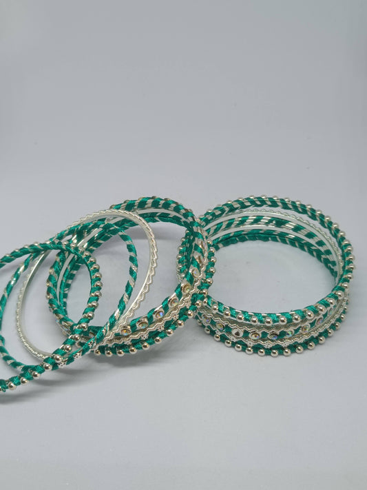 Set of 14 Silk Thread, Stone & Kundan Studded Chuda Bangles | Ethnic Collection | Gift for Women  - Peacock Green with Silver