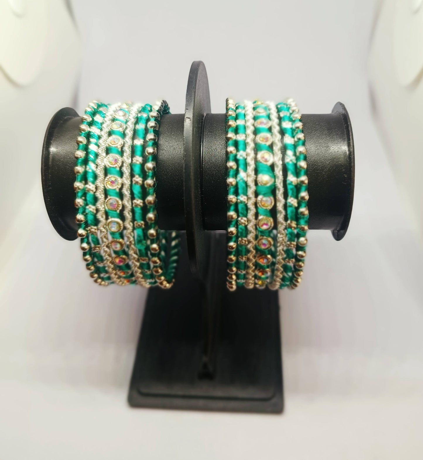 Set of 14 Silk Thread, Stone & Kundan Studded Chuda Bangles | Ethnic Collection | Gift for Women  - Peacock Green with Silver
