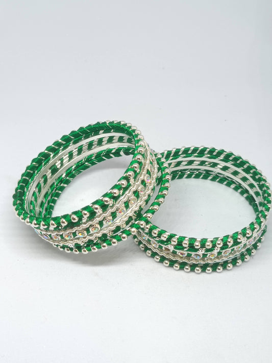 Set of 14 Silk Thread, Stone & Kundan Studded Chuda Bangles | Ethnic Collection | Gift for Women - Dark Green with Silver